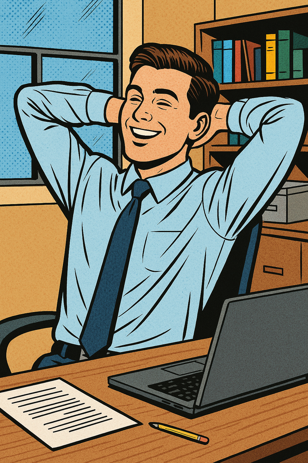 an image of a joung office worker at his desk in a relaxed smiling position with his arms crossed behind his head leaning backwards-1